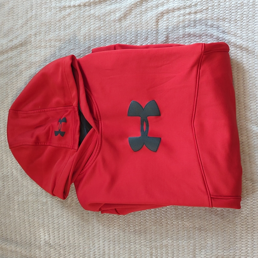 Red Fleece Lined Under Armour Hoodie with Textured Logo | Men's Sweatshirt